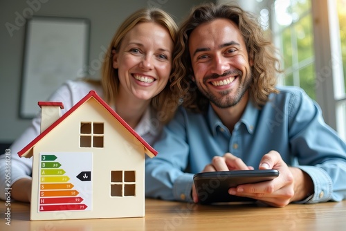 Couple Calculates Energy Efficiency of Happy Home Using a Calculator on Wooden Desk