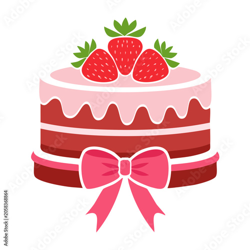 Flat design birthday cake with strawberries and ribbon