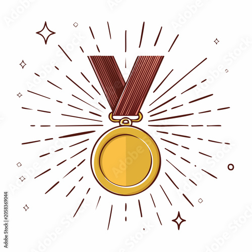 Gold medal with ribbon and radiating lines
