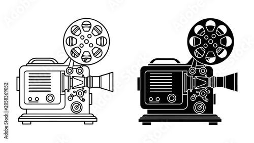 Photos Retro Film Projectors: Two vintage film projectors, one in outline and one in black silhouette, showcasing classic cinematic technology and nostalgic appeal