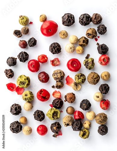 A vibrant assortment of colorful peppercorns on a white background
