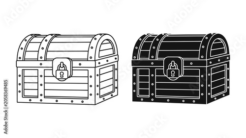 Canvastavla Treasure Chest Icon Set: Two stylized treasure chests, one in outline and one in solid black, ready for use in game design or graphic elements