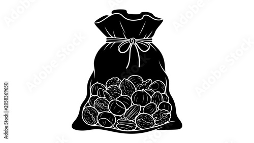 Schilderij op canvas Sack of Coffee Beans: A black and white illustration of a full sack tied with a ribbon, revealing a bounty of roasted coffee beans spilling out, ready for brewing
