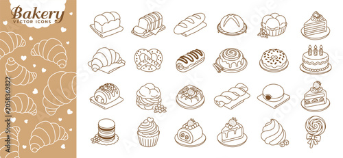Foto Bakery Food Icons Collection with Bread Pastry Dessert and Cake Outline Illustra