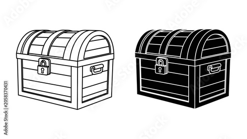 Εκτύπωση καμβά Treasure Chest Illustration: A classic wooden treasure chest, depicted in both outline and solid black versions, symbolizing mystery, wealth, and adventure