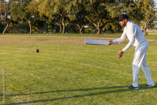 Cricket bat is being held horizontal while ball is arcing over turf toward trees, copy space