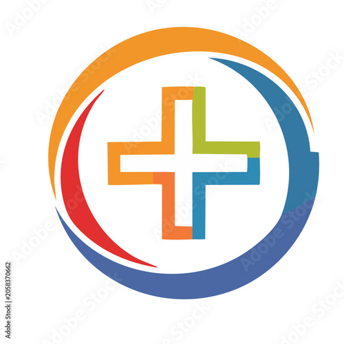 Colorful medical cross symbol with circular swoosh