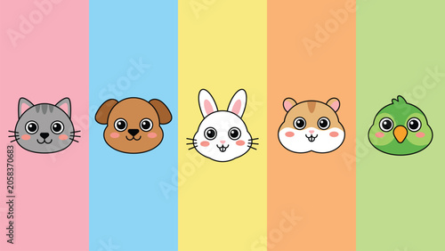 Cute pet animal face icon set vector illustration featuring cartoon character heads of a cat, dog, rabbit, hamster, and parrot