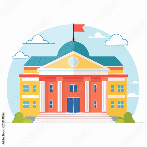 Flat Illustration of a Government Building with Columns and Dome