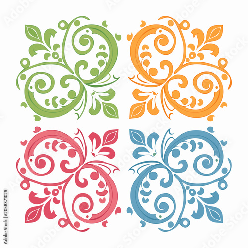 Four Colorful Floral Swirl Ornaments