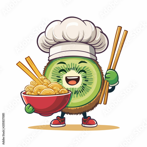 Happy Kiwi Chef with Noodles and Chopsticks
