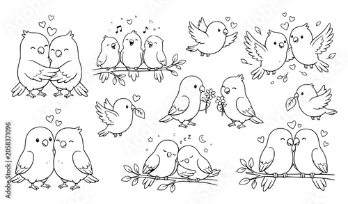 Photography Cute Love Birds Collection with Romantic Cartoon Bird Couples and Flying Bird Sk