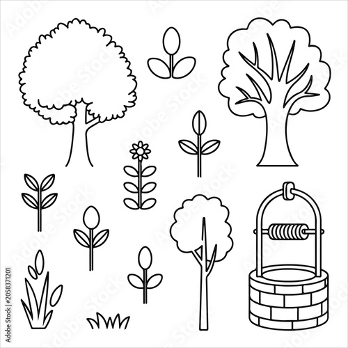 Tree and Plant Growth Outline Icons – Nature, Forest and Gardening Vector Collection