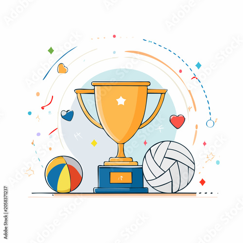 Volleyball Trophy and Balls with Confetti