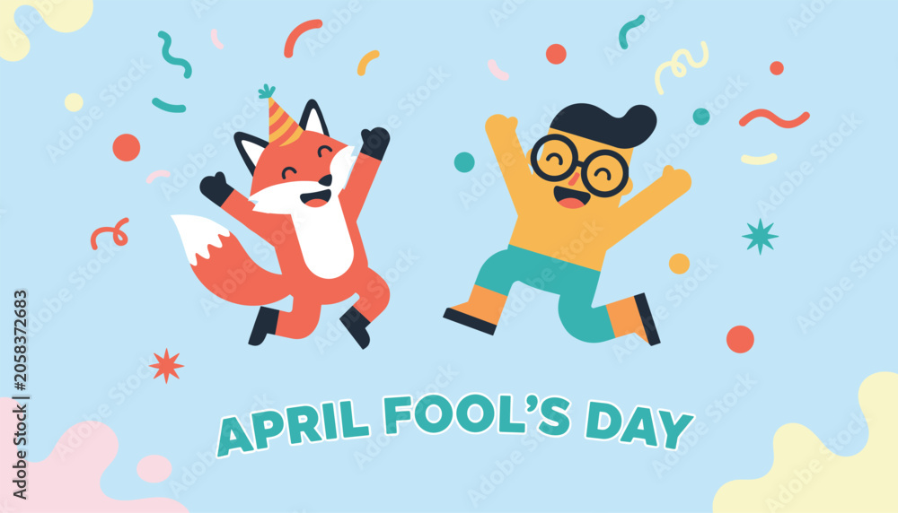 Fototapeta premium Happy april fools day celebratory banner featuring jumping cartoon boy and playful orange fox wearing party hat.