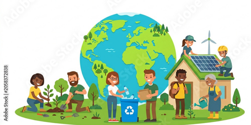 People saving Earth with renewable energy and recycling flat vector illustration eco friendly sustainability concept