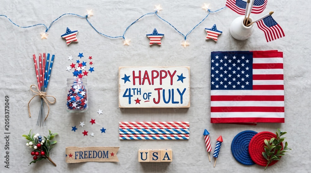 Obraz premium Flat lay of patriotic items celebrating 4th of July with American