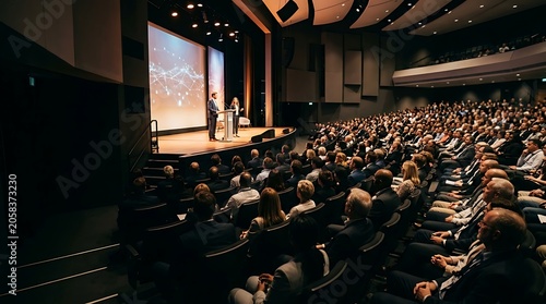 Speakers presenting to a large audience at a business conference