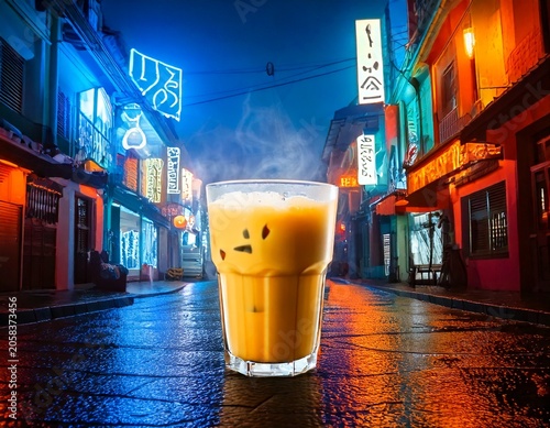Photorealistic Malaysian Teh Tarik in a transparent glass, steaming above a neon-lit street at night.