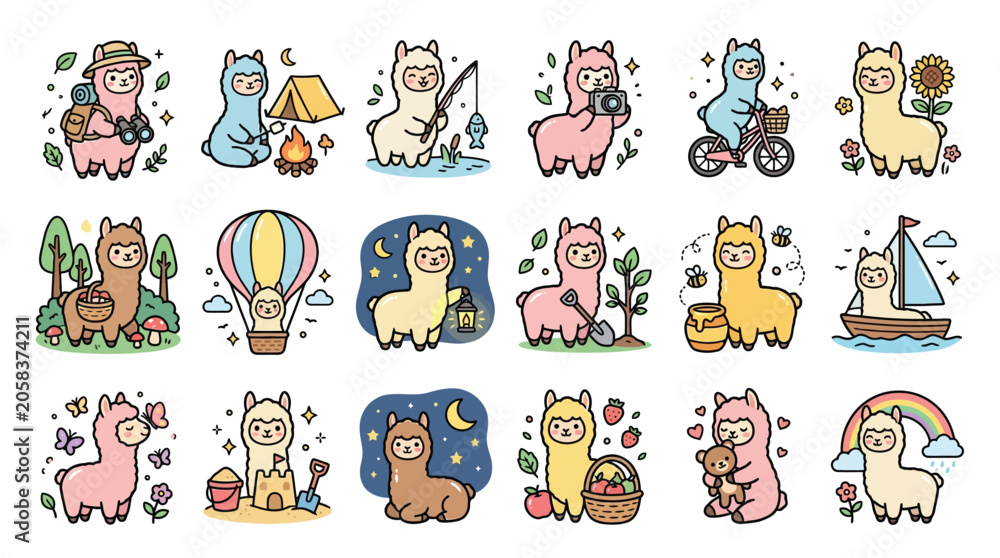 Fototapeta premium Collection of cute cartoon alpacas engaged in various activities like camping, fishing, cycling, and enjoying nature.
