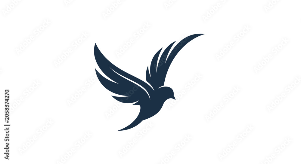 Naklejka premium Blue bird silhouette flying upwards on white.