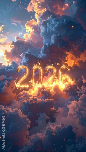 A vibrant sky with glowing clouds and illuminated year number