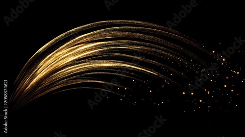 Abstract gold streaks and particles on black background.