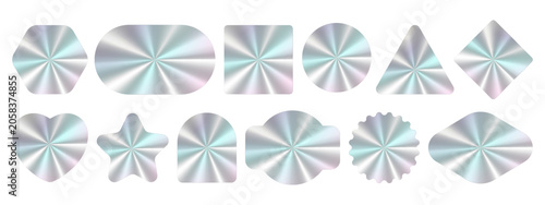 Mockups of holographic stickers. Labels of various shapes. Holography tags with radial metallic gradient. Warranty card designs on white background. Vector blank foil logo patches set