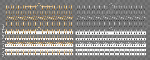Metal and gold bindings. 3D mockups of clips for notebooks and calendars. Paper bookbinder. Realistic spiral and ring binders. Stationery elements. Steel page wire fasteners vector set