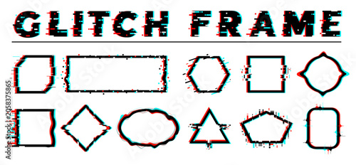 Glitch effect images. Distorted edges of various shapes. Abstract frames. Visual noise. Modern forms. Cyber dynamic distortion. Squares or circles. Graphic design elements vector set
