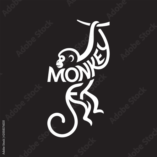 Canvas Print Modern monkey hanging from branch illustration using creative lettering for wildlife logo concept