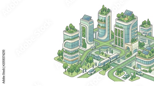 Futuristic eco city with sustainable green buildings and solar panels