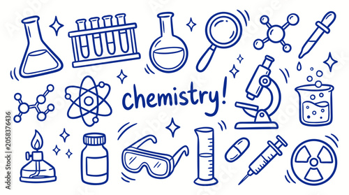 A collection of handdrawn blue line art scientific equipment and symbols on a white background