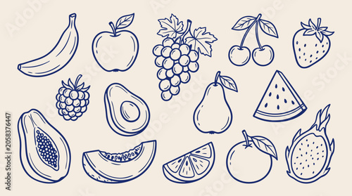 A diverse collection of handdrawn fruit illustrations on a light background forming a beautiful pattern