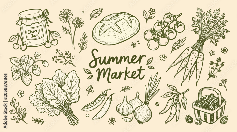 Fototapeta premium Handdrawn illustration of fresh organic vegetables fruits and baked bread for a summer market