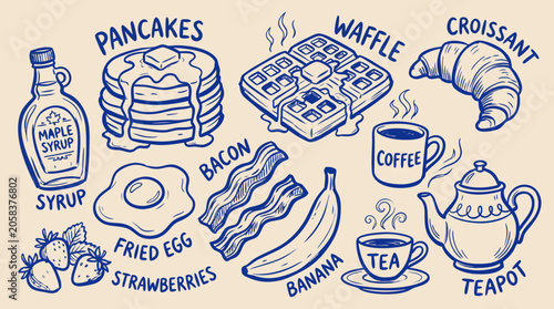 Hand drawn illustrations of various breakfast food items and drinks in a collage style