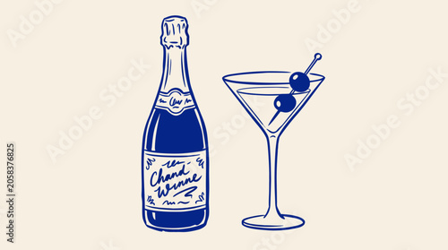 Handdrawn blue ink illustration of a champagne bottle next to a martini glass with olives