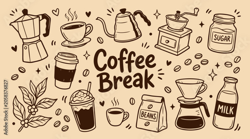Handdrawn collection of coffee break elements including cups kettles grinders beans and milkisolated on a light brown background