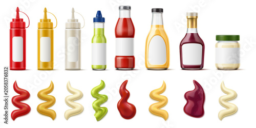 Realistic bottle with sauce and splashes. Glass 3D packaging design featuring tomato ketchup, barbecue seasoning and mustard. Squeezed dressing salsa. Various liquid condiments vector set