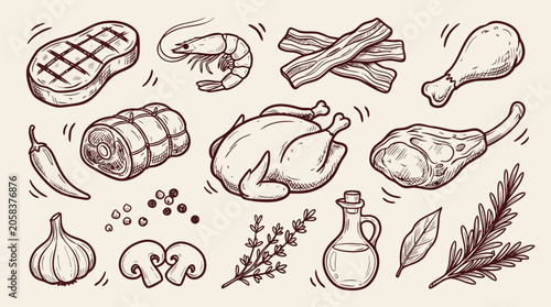 Photos Handdrawn sketch collection of raw meat poultry seafood and ingredients for cook