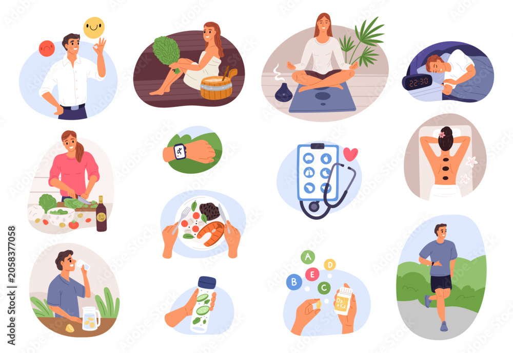 Naklejka premium People lead healthy lifestyle. Mental health. Physical activity. Natural foods. Adequate rest. Balanced routine. Spa relax. Relaxation and body care. Correct regime. Vector concepts set