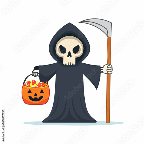 Cartoon Grim Reaper Holding Candy Bucket and Scythe