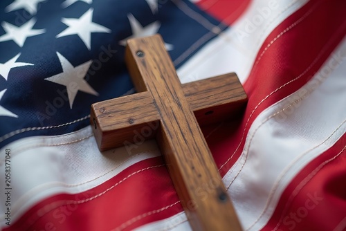 Unity of Faith and Patriotism: Wooden Christian Cross on American Flag