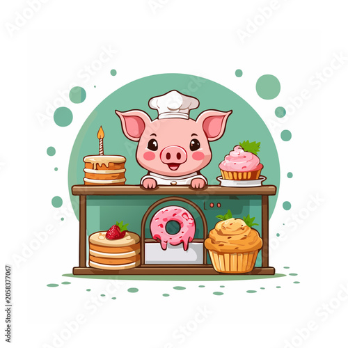 Cartoon pig holding basket of cupcakes and cookies