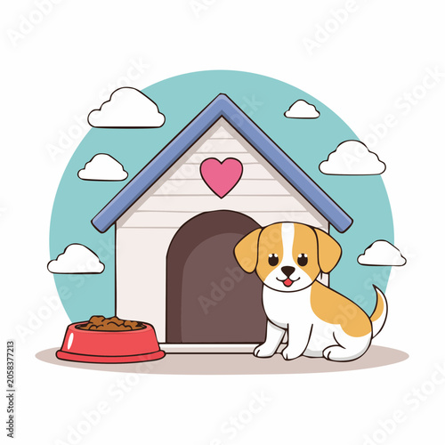 Cute Cartoon Puppy Sitting Next to Dog House and Food Bowl