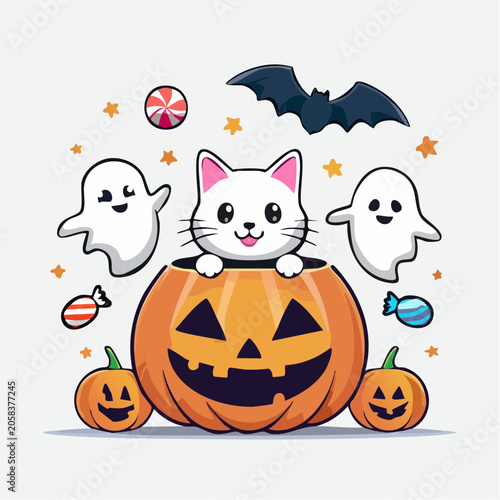 Cute Halloween Cat in Pumpkin with Ghosts and Bats