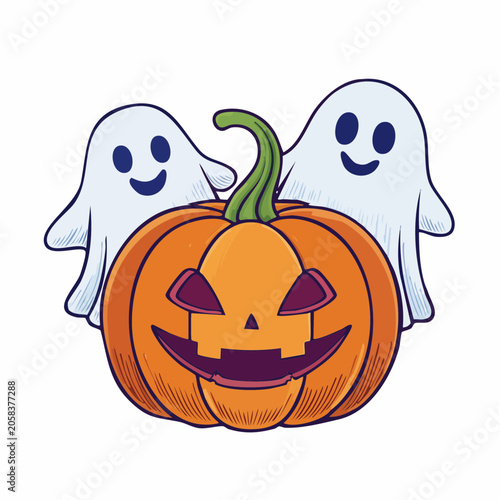 Cute Halloween Pumpkin and Ghosts Illustration