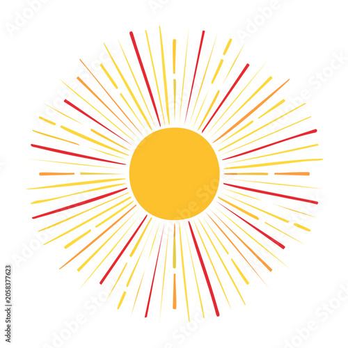 Stylized sunburst with radiating lines in yellow, red, and orange