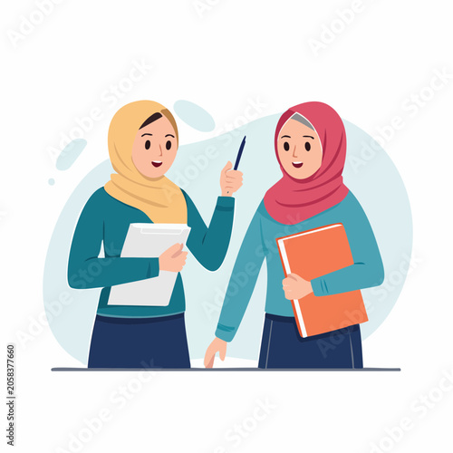 Two Muslim women in hijabs discussing work with documents and a book