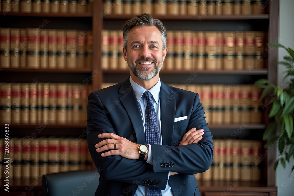 Fototapeta premium Confident Lawyer Posing in Office before Bookshelf